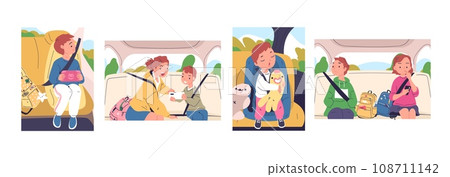 Kids inside car. Children siblings sitting in carseat or backseat with safety seatbelt, cartoon kid toddler son and daughter travel automobile transport, classy vector illustration 108711142