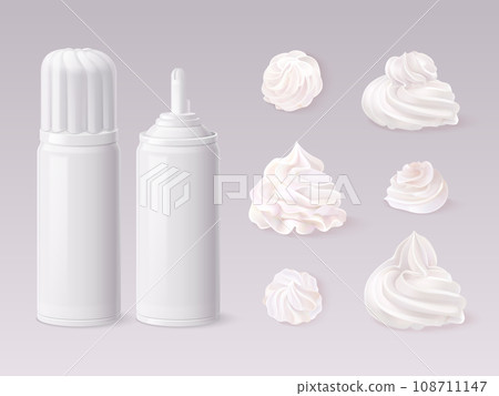 Realistic whipped cream. 3d mousse and whip creams cans for vanilla cake, whipped frosting sprinkle topping spray confectionery decoration, cream meringue exact vector illustration 108711147