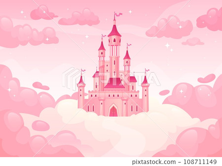 Cartoon castle in clouds. Heavenly castles princesses pink cloud sky, princess home magic kingdom landscape dream house flying heaven, game background ingenious vector illustration 108711149