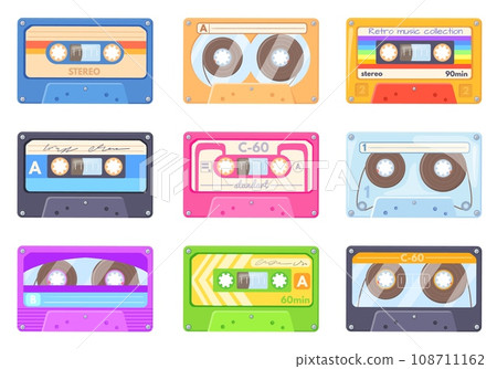 Cartoon stereo cassettes. Analogue tape cartridge compact vintage music player, old school record mixtape stereo technology, colorful audiocassette design, neat vector illustration 108711162