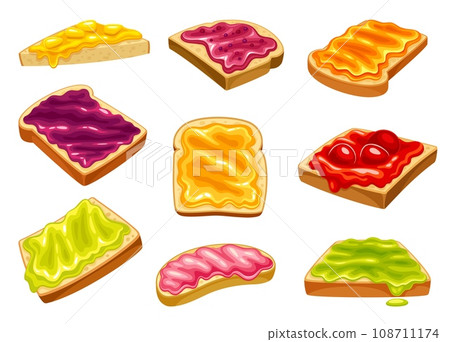 Jam toasts. Bread toast with berries jams or melting marmalade and honey, sugar apricot jelly breakfast dessert fruit pink topping, cartoon neoteric vector illustration 108711174