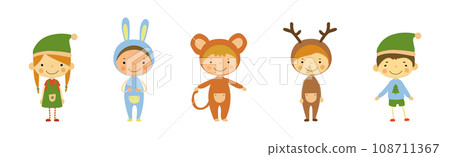 Cute Kids Wearing Christmas Holiday Costume Vector Set 108711367