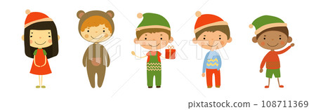 Cute Kids Wearing Christmas Holiday Costume Vector Set Cute Kids Wearing Christmas Holiday Costume Vector Set 108711369