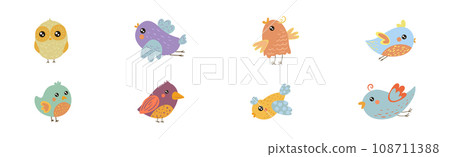 Funny Little Bird with Colorful Feather Vector Set 108711388