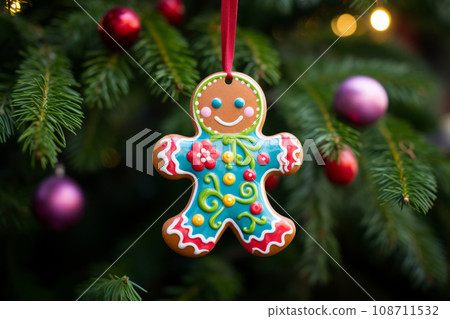 Christmas tree ornament in the shape of a gingerbread man with colorful decoration. Generative AI 108711532