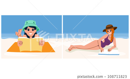 book woman reading beach vector 108711823