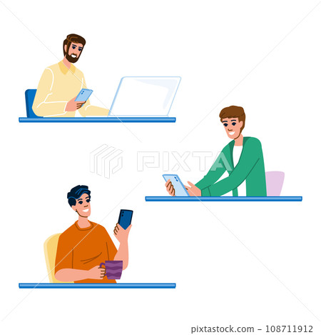 work man using phone table vector 108711912