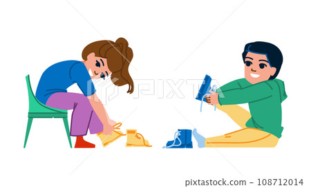 wear kid put shoes vector 108712014