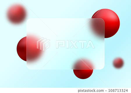 Abstract background with dynamic balls under a transparent matte frame on a light background. Glass overlay effect banner with 3D red vector balls in glass morphism style. Vector illustration. Abstract background with dynamic balls under a transparent matte frame on a light background. Glass overlay effect banner with 3D red vector balls in glass morphism style. Vector illustration. 108713324