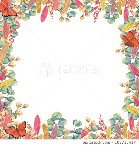 Floral frame of dried lagurus, eucalyptus branch, abstract flowers and fluttering butterflies. Herbal composition. Orange, yellow, terracotta, green colors. Watercolor illustration for greeting 108713437