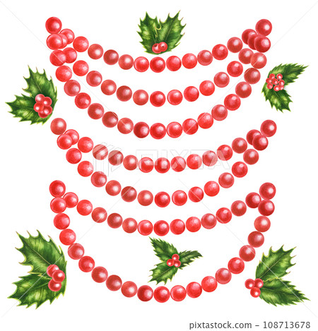 Christmas watercolor holly branches, leaves and berries for New Year illustration, invitations, post cards. banners and frames 108713678