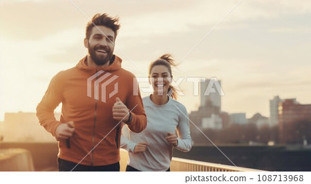 Energetic Duo: Fitness Couple Embracing Healthy Runs Outdoors. Generative ai 108713968