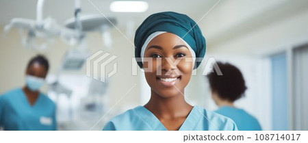 Triumphant African American Surgeon Smiles after Successful Surgery in OR. Generative ai 108714017