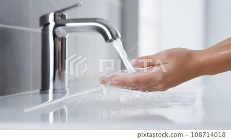 Hygiene First: Washing Soapy Hands under a Modern Bathroom Faucet. Generative ai 108714018