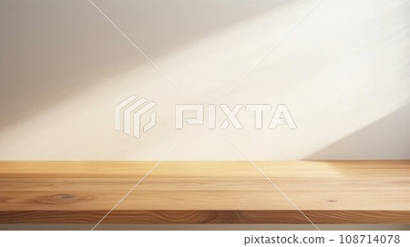 Sunlit Wooden Podium with Shadow on White Wall. Generative ai 108714078