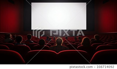 Cinema Awaits: Blank Movie Screen with Audience in Modern Theater. Generative ai 108714092