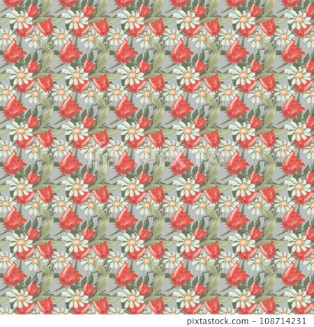 Pattern of tulips and daisies on a light gray background. Pattern of tulips and daisies on a light gray background. 108714231