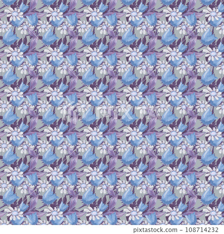 Pattern of tulips and daisies on a gray background. 108714232