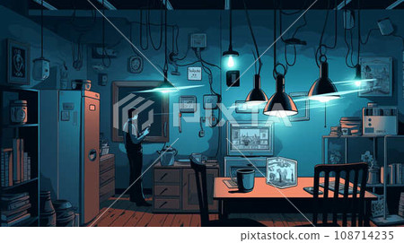 Unreal futuristic hand-drawn picture of an apartment in blue colors where lamps distribute the Internet. Concept of LiFi - Digital Light Network. 108714235