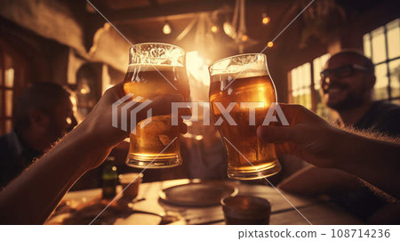 Bar, two companions toast to the conclusion of the workweek, clinking their beer glasses in celebration. 108714236