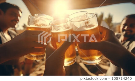 Friends mark the conclusion of the workweek by gathering at a bar, raising their beer glasses in a toast 108714240