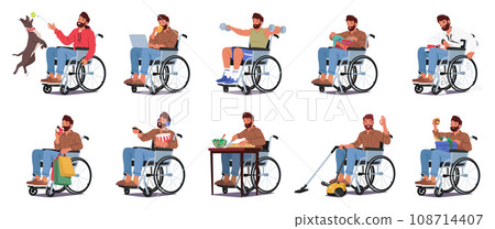 Isolated Set Of Disabled Man In Wheelchair Tackles Household Chores. Male Character Shopping, Playing With Dog 108714407