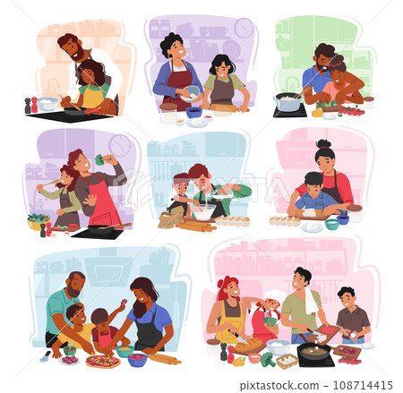 Parents And Kids Characters Joyfully Cooking Together, Flour Dusting The Air, Shared Smiles And Cherished Bonding 108714415