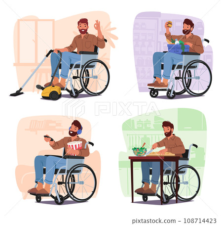 Disabled Man In Wheelchair Household Chores. Handicapped Male Character Working On Laptop, Cooking On Kitchen Disabled Man In Wheelchair Household Chores. Handicapped Male Character Working On Laptop, Cooking On Kitchen 108714423