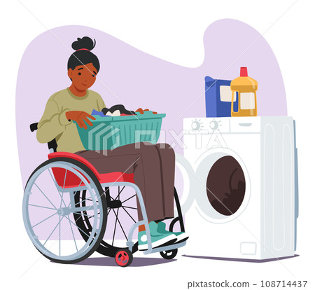 Resilient Woman In A Wheelchair, Determined And Self-sufficient, Confidently Loads Her Laundry Into A Washing Machine 108714437