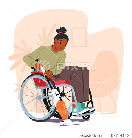 Woman In Wheelchair Efficiently Vacuums The Floor. Character Showcasing Her Independence And Resilience Woman In Wheelchair Efficiently Vacuums The Floor. Character Showcasing Her Independence And Resilience 108714450