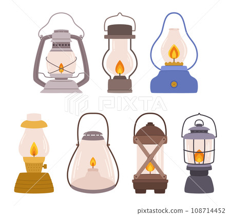 Camp Lamps Set. Fuel Lanterns Traditional Illumination Device, Radiates A Warm, Flickering Light Through A Wick Camp Lamps Set. Fuel Lanterns Traditional Illumination Device, Radiates A Warm, Flickering Light Through A Wick 108714452