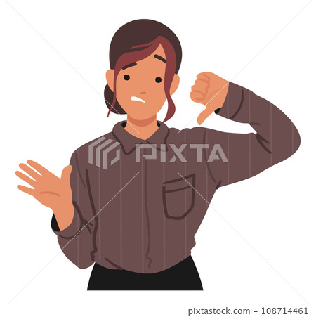 Displeased Female Character. Woman Face Contorted In Disapproval As She Forcefully Extended Her Thumb Downward 108714461