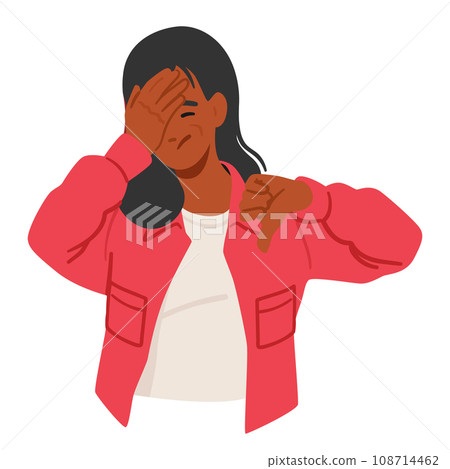 Woman Expresses Her Disapproval With A Stern Face And A Vigorous Thumbs-down Gesture, Indicating Dislike 108714462