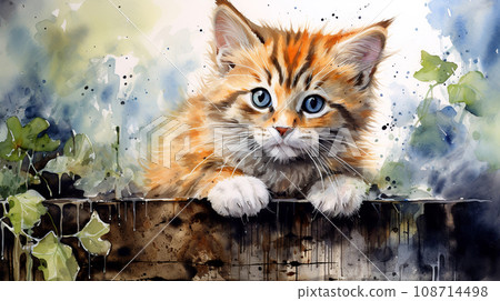 Watercolor painting of a kitten sitting on a fence. 108714498