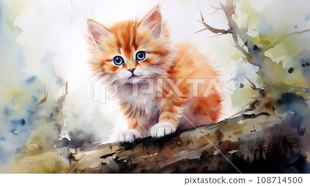 Watercolor red cat. Cute ginger kitten sitting on a tree branch. 108714500