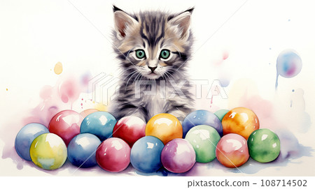 Cute little kitten with colorful balls on a white background. 108714502