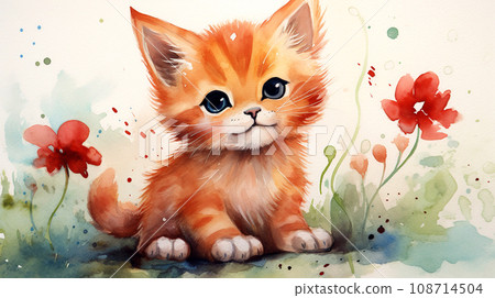 Cute red kitten sitting on a background of flowers. 108714504