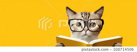 Cute kitten with glasses reads a book on a yellow background. 108714506