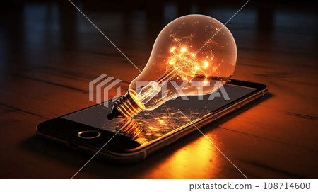 An incandescent light bulb lies on a smartphone as a concept of LiFi - Digital Light Network. 108714600