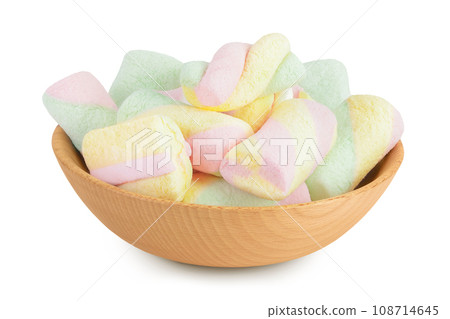 Colorful mini marshmallows in wooden bowl isolated on white background with full depth of field Colorful mini marshmallows in wooden bowl isolated on white background with full depth of field 108714645
