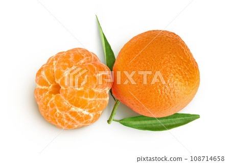 Tangerine or clementine with green leaf isolated on white background with full depth of field. Top view. Flat lay Tangerine or clementine with green leaf isolated on white background with full depth of field. Top view. Flat lay 108714658
