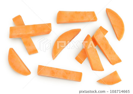 Sweet potato slices isolated on white background. Top view. Flat lay Sweet potato slices isolated on white background. Top view. Flat lay 108714665