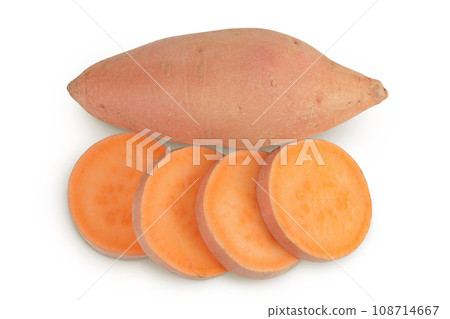 Sweet potato with slices isolated on white background. Top view. Flat lay Sweet potato with slices isolated on white background. Top view. Flat lay 108714667