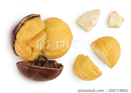 roasted peeled chestnut isolated on white background wit full depth of field. Top view. Flat lay roasted peeled chestnut isolated on white background wit full depth of field. Top view. Flat lay 108714668