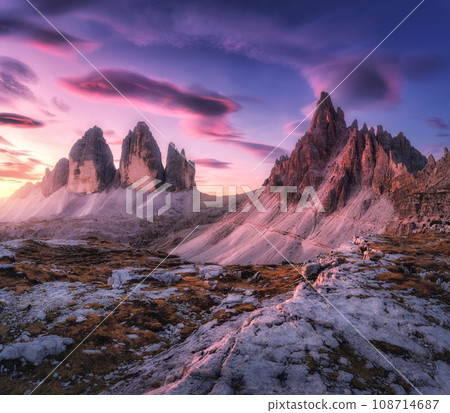 Alpine mountains and pink sky at colorful sunset in autumn 108714687