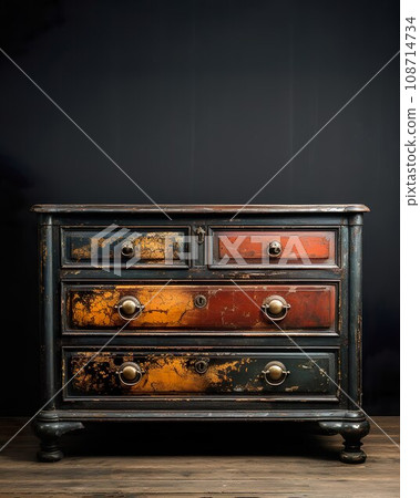 Lovely antique chest of drawers on a dark background, with copy-space 108714734