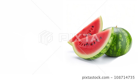 Watermelon on a white background with space for text. Juicy slices of ripe watermelon. Red berry. 108714735