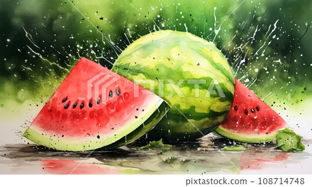 Watermelon. Red watermelon slices on a green background. 108714748