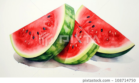 Watermelon watercolour painting. Three realistic watermelon slices. 108714750