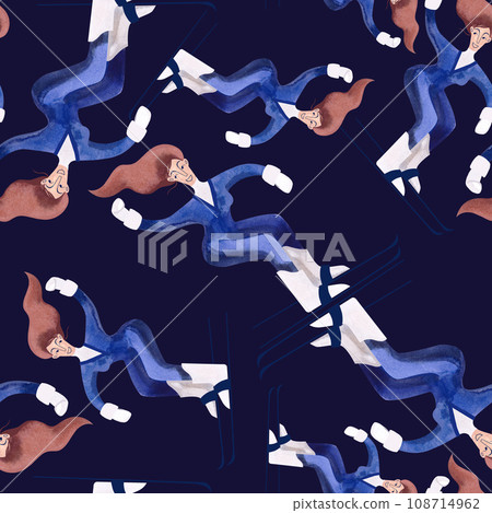 Watercolor seamless patern with skiers. Winter textile. Sport costume. Wrapping paper for ski resort souvenirs. Dark background 108714962